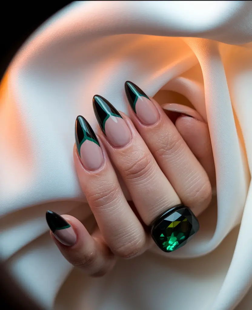 Trendy Fall Nail Colors and Designs 2025 Modern Dark French Tip with Green Accents