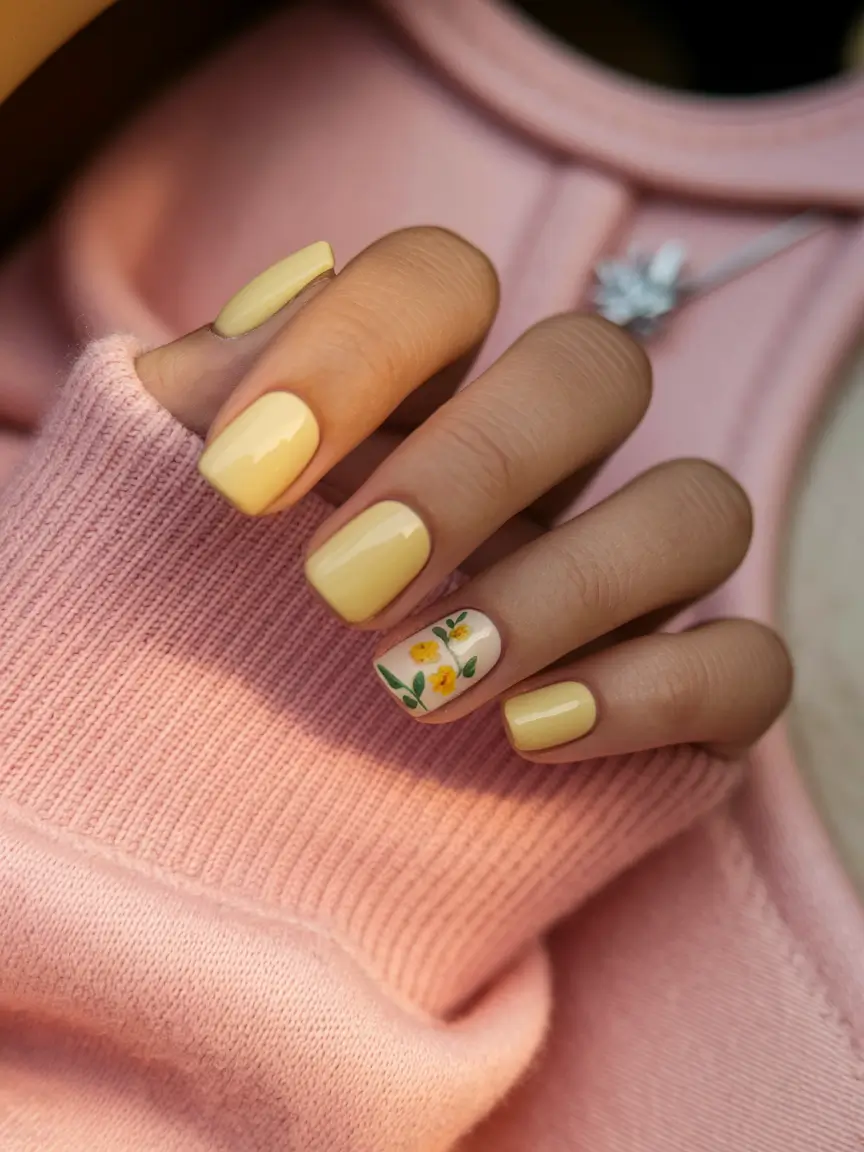Trendy Fall Nail Colors and Designs 2025 Soft Yellow with Floral Accent