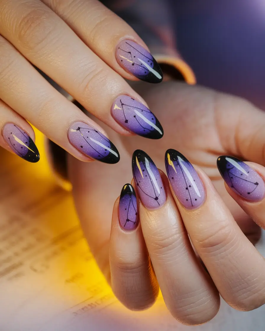 Trendy Fall Nail Colors and Designs 2025 Galaxy-Inspired Purple Ombre