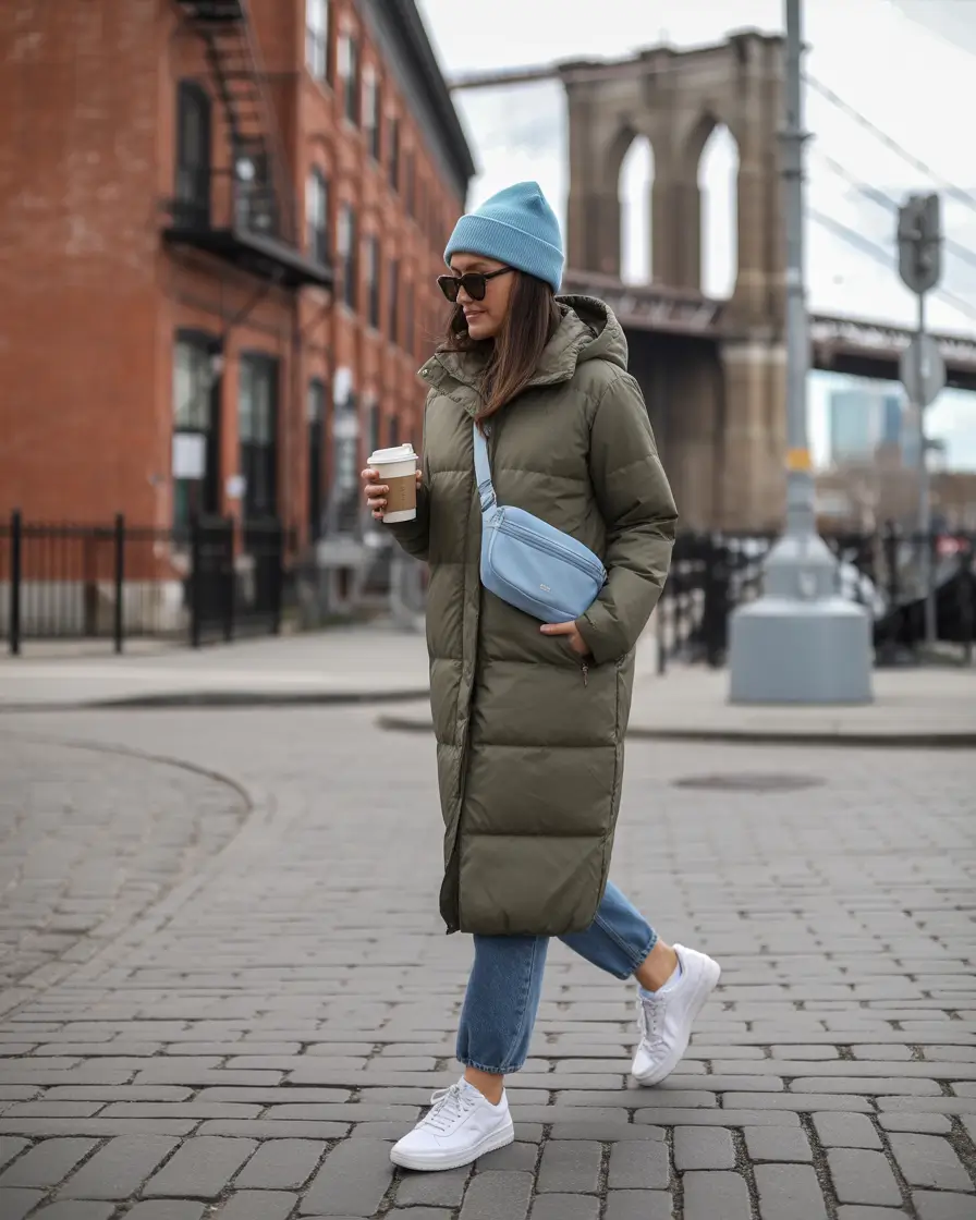 Trendy Winter 2025 - 2026 Puffer Jacket Outfit Color Pops in Motion