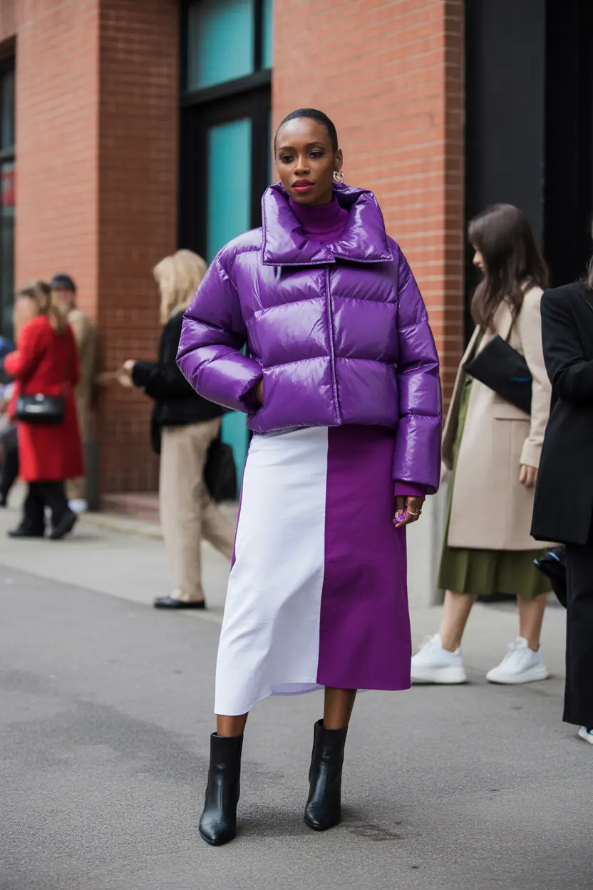 Trendy Winter 2025 - 2026 Puffer Jacket Outfit Bold Color Blocking