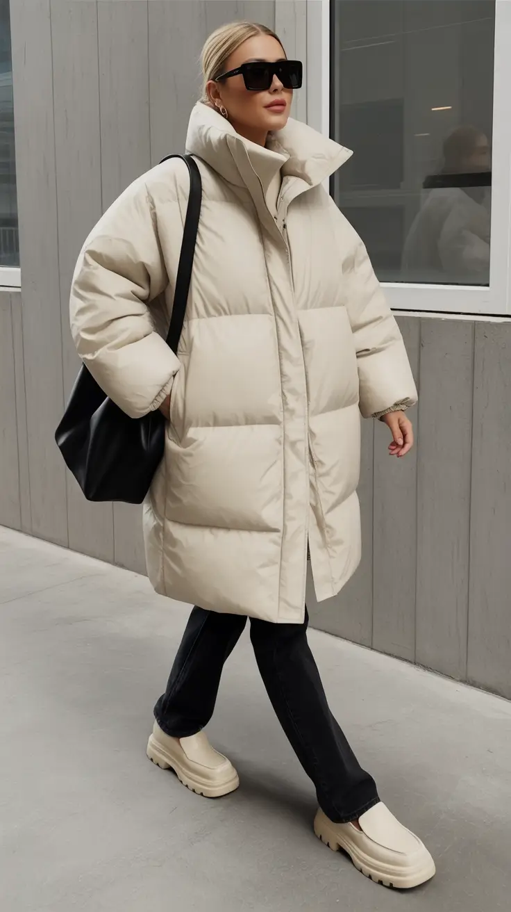 Trendy Winter 2025 - 2026 Puffer Jacket Outfit Monochrome Cream Elegance