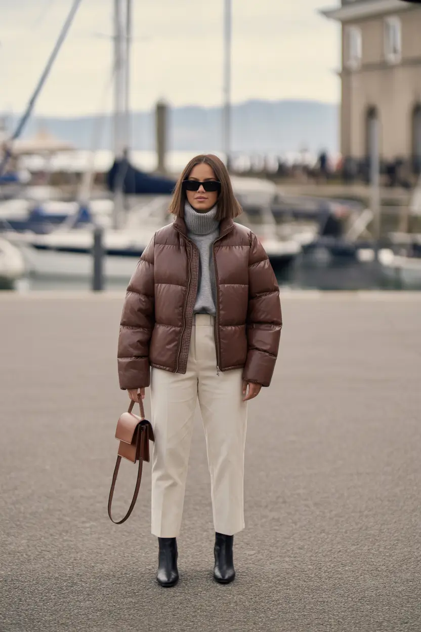 Trendy Winter 2025 - 2026 Puffer Jacket Outfit Polished Brown Sophistication