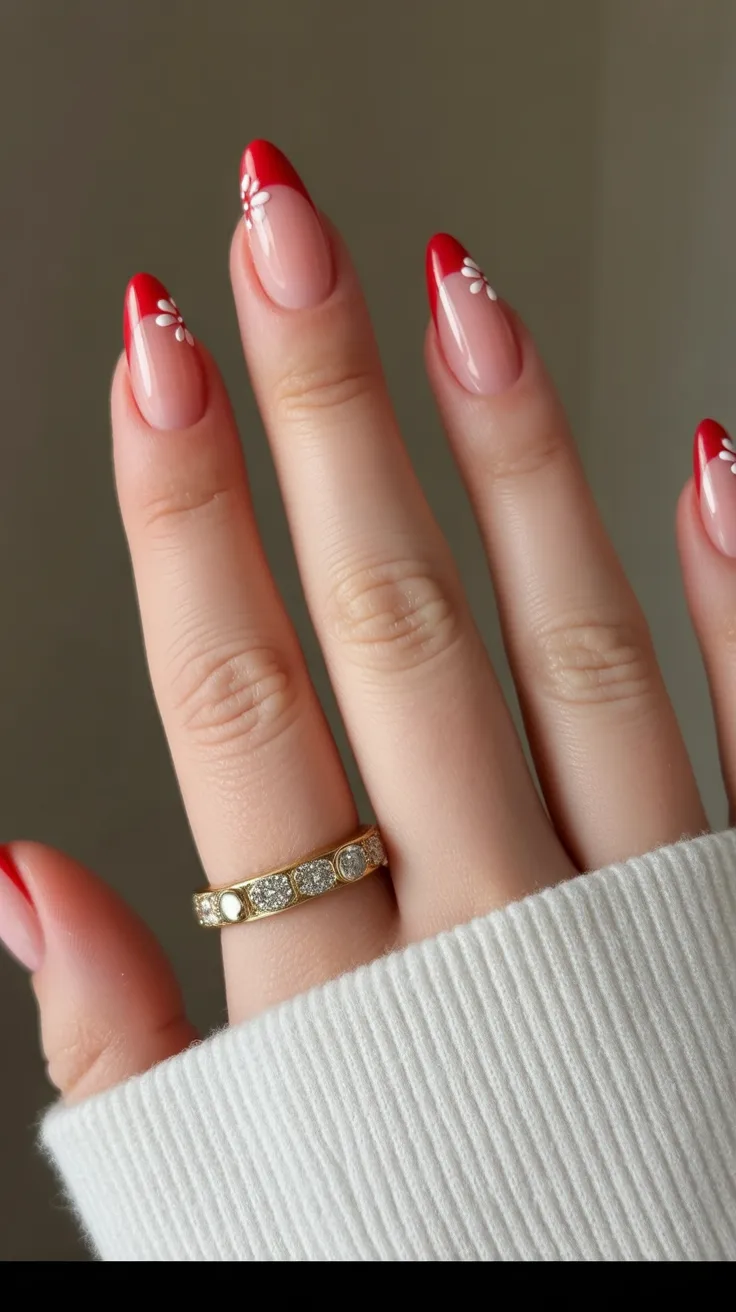 Soft red almond French nails with floral accents