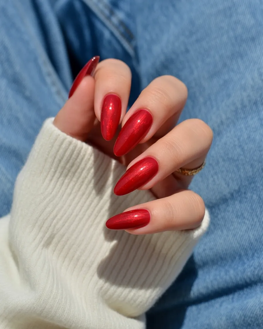 Glossy cherry red almond nails