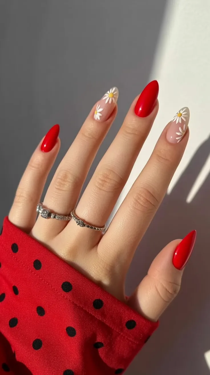 Classic red almond nails with daisy accents