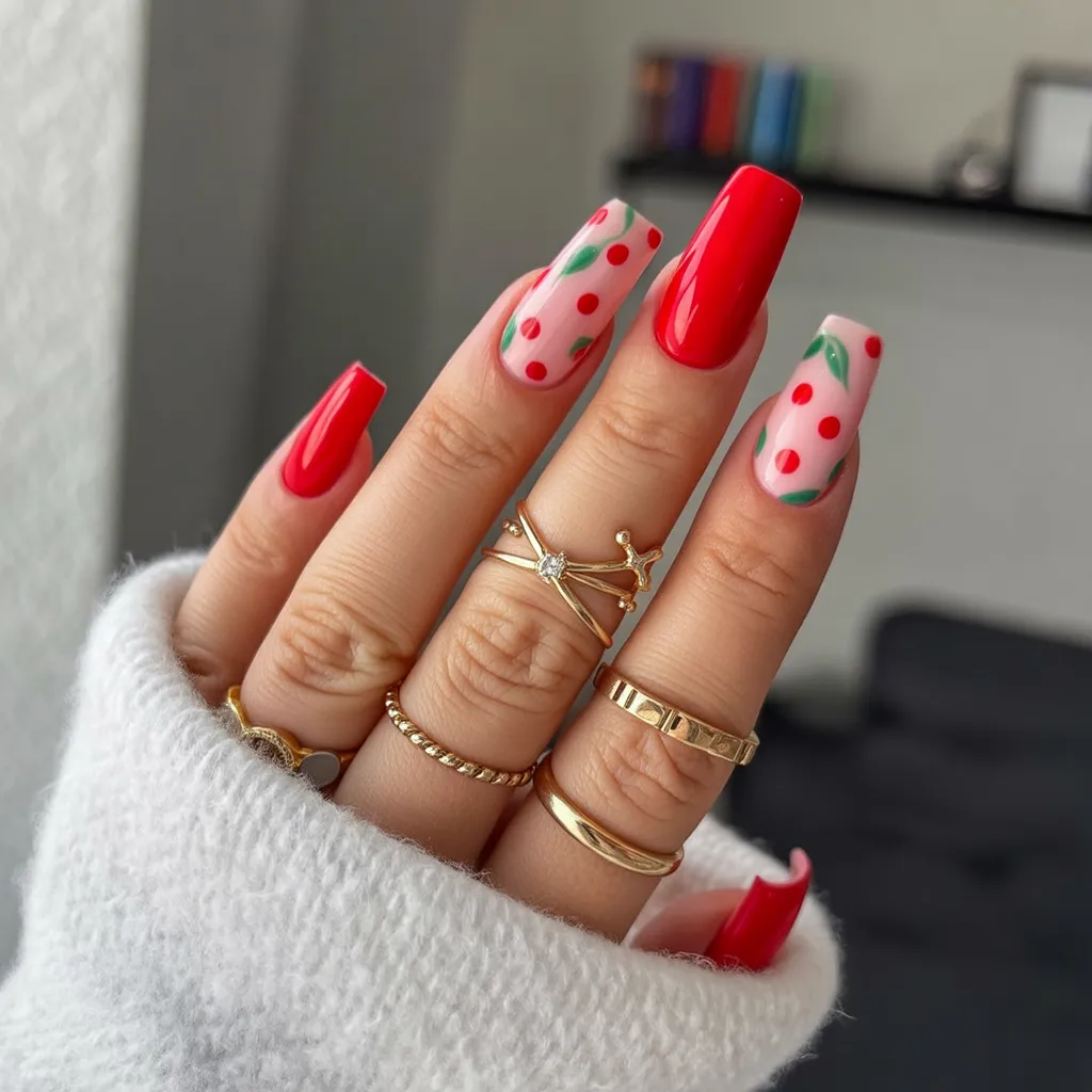 Cherry inspired red and pink acrylic nails