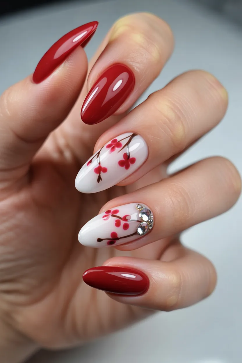 Deep red almond nails with white floral art and gems