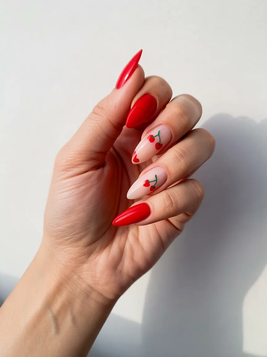 Red almond nails with minimal cherry design
