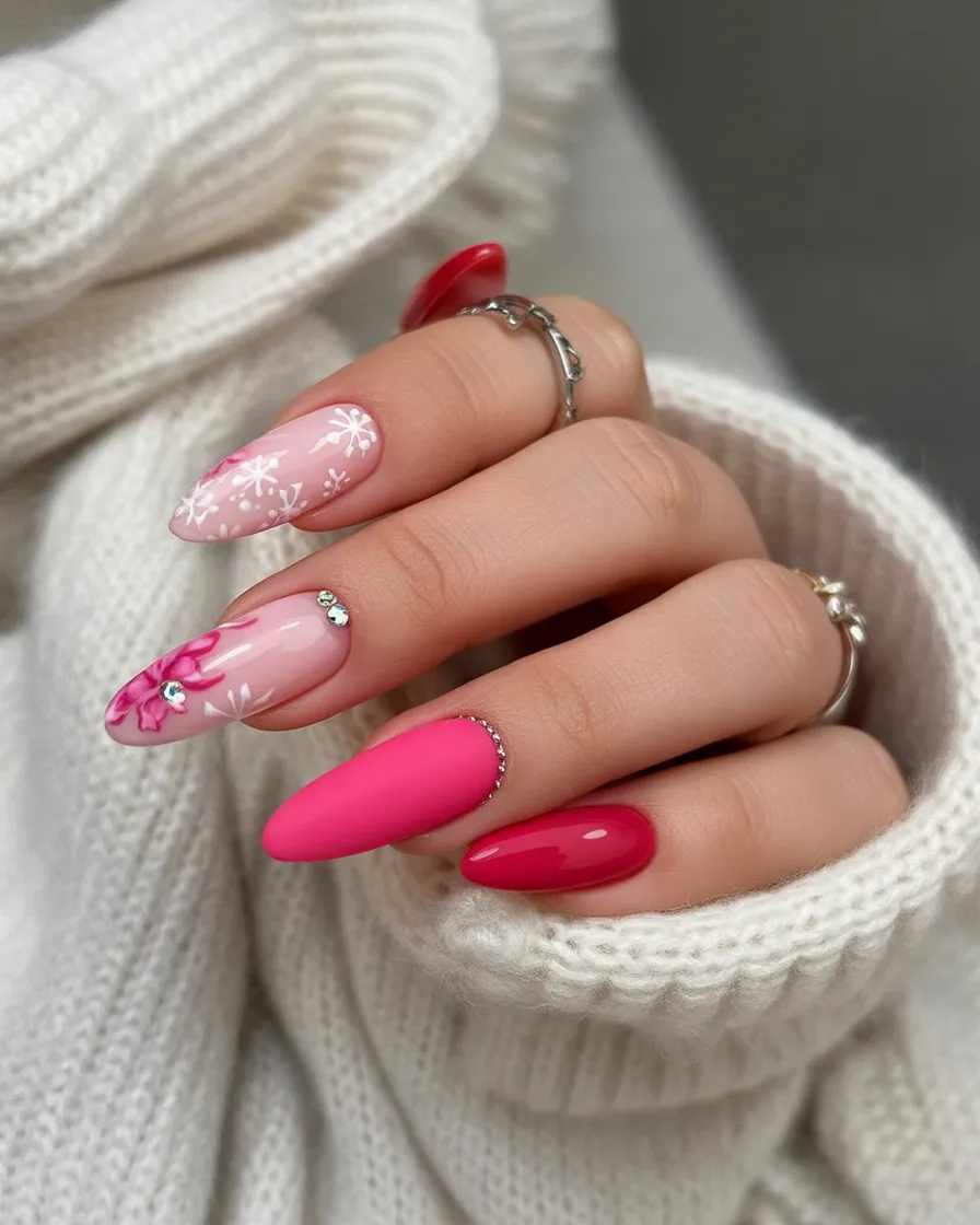 Pink and red almond nails with floral details