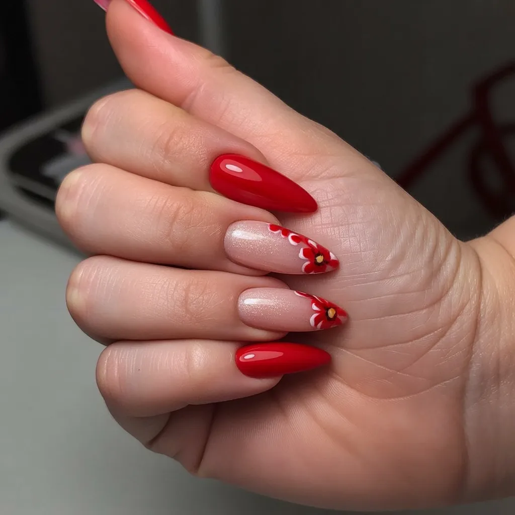 Red and pink floral almond nails