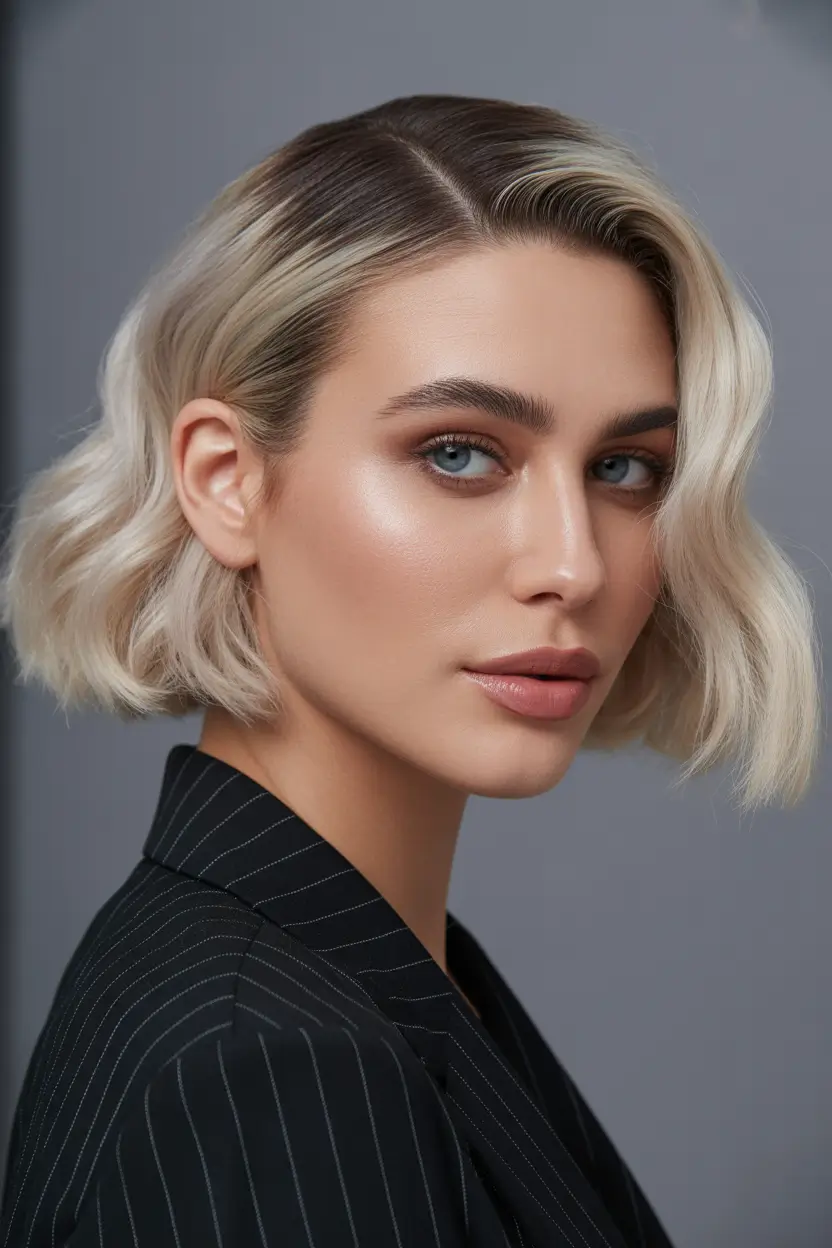 best spring bob haircuts 2026 Glossy Platinum Wavy Bob with Cool Spring Shine