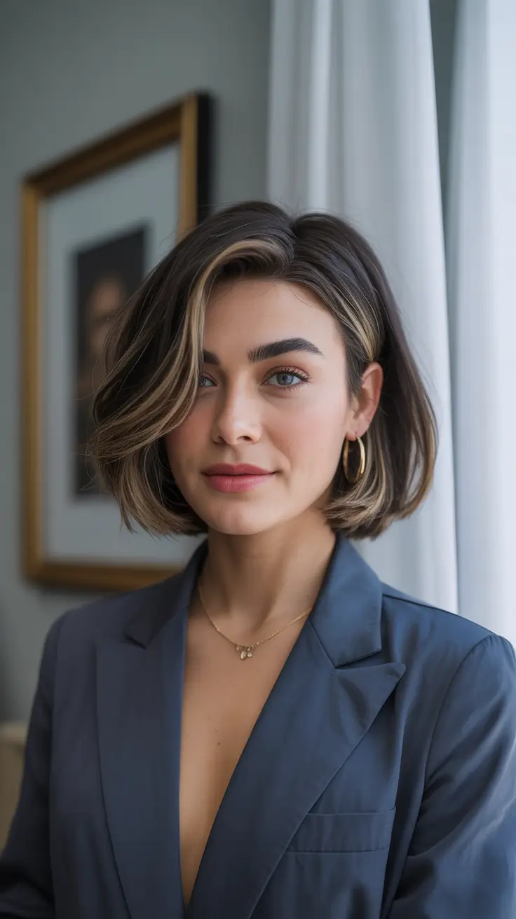 best spring bob haircuts 2026 Dimensional Brunette Bob with Soft Golden Accents