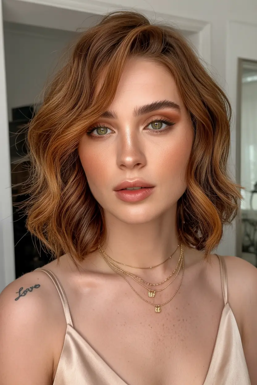best spring bob haircuts 2026 Warm Caramel Wavy Bob with Soft Face Framing Glow