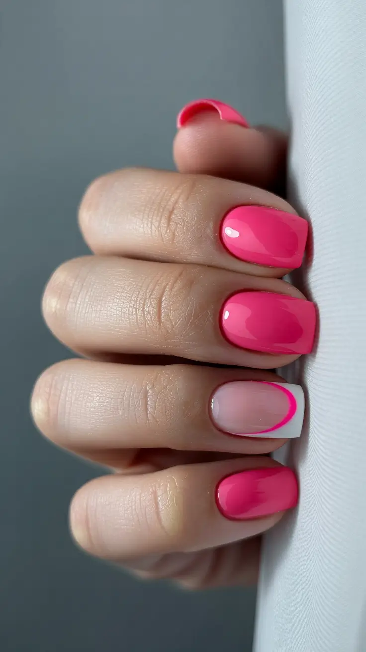 chic pretty spring nails design 2026 Neon pink gloss with minimalist micro French accent
