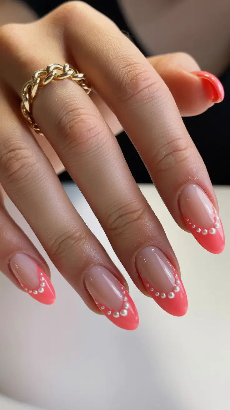chic pretty spring nails design 2026 Coral French tips with pearl embellishment arc