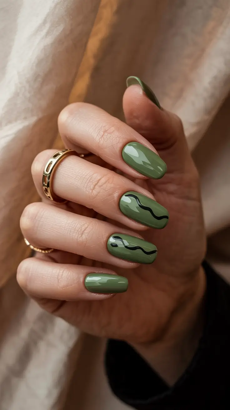 chic pretty spring nails design 2026 Muted sage gloss with fluid accent lines