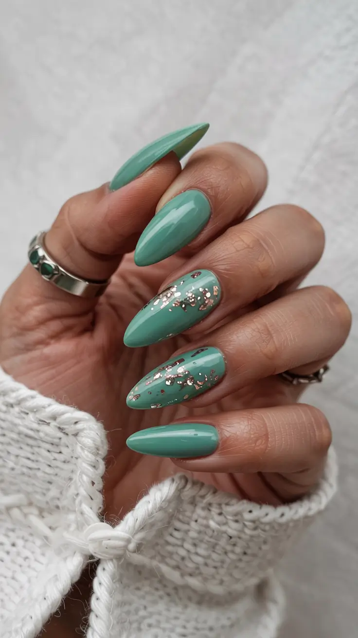 chic pretty spring nails design 2026 Fresh mint almond with scattered foil glow