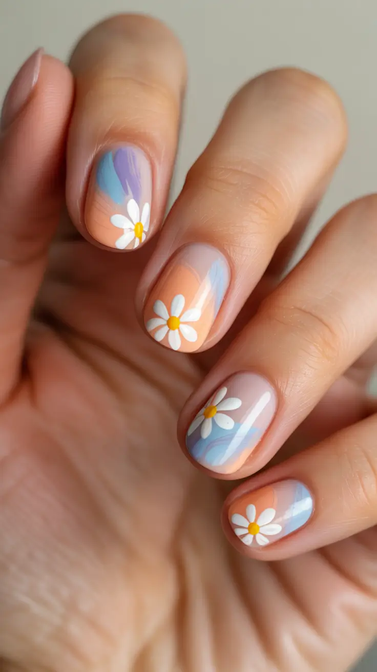 chic pretty spring nails design 2026 Pastel watercolor daisies with dreamy gradient base