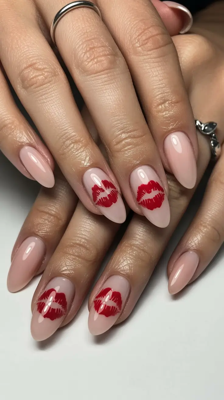 chic pretty spring nails design 2026 Nude almond with bold kiss print statement