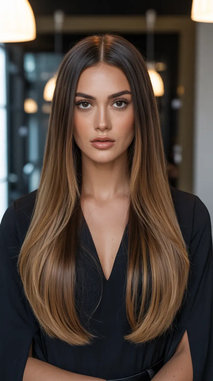 chic spring ombre hair color 2026 Sleek Caramel Brunette Ombre