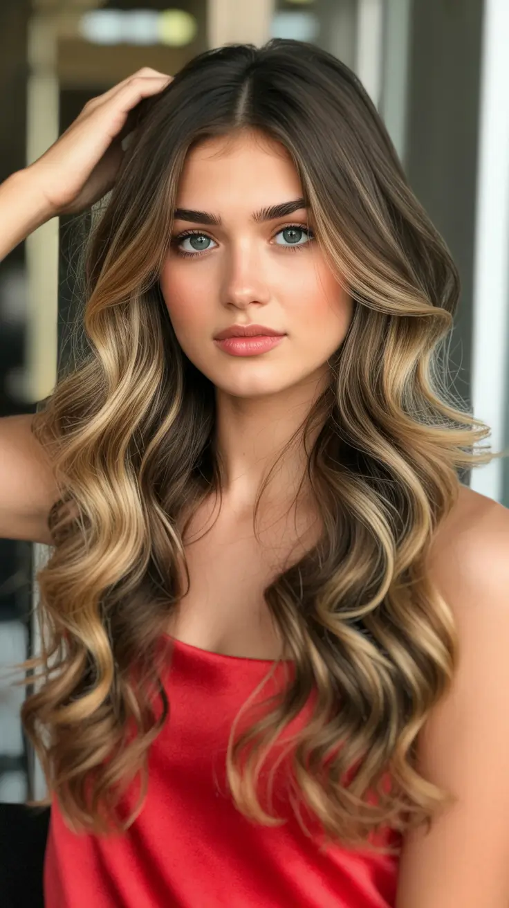 chic spring ombre hair color 2026 Golden Ribbon Ombre with Voluminous Waves