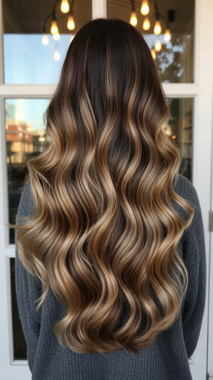 chic spring ombre hair color 2026 Deep Espresso to Honey Flow - Back View Elegance