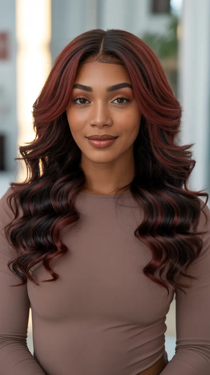 cool spring hair color for dark skin 2026 Deep Cherry Cola Waves with Glossy Dimension