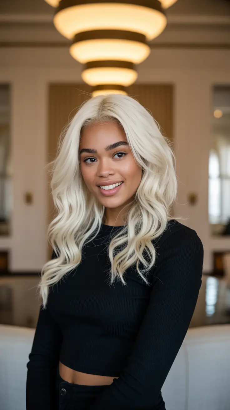 cool spring hair color for dark skin 2026 Cool Platinum Blonde with Soft Wave Texture