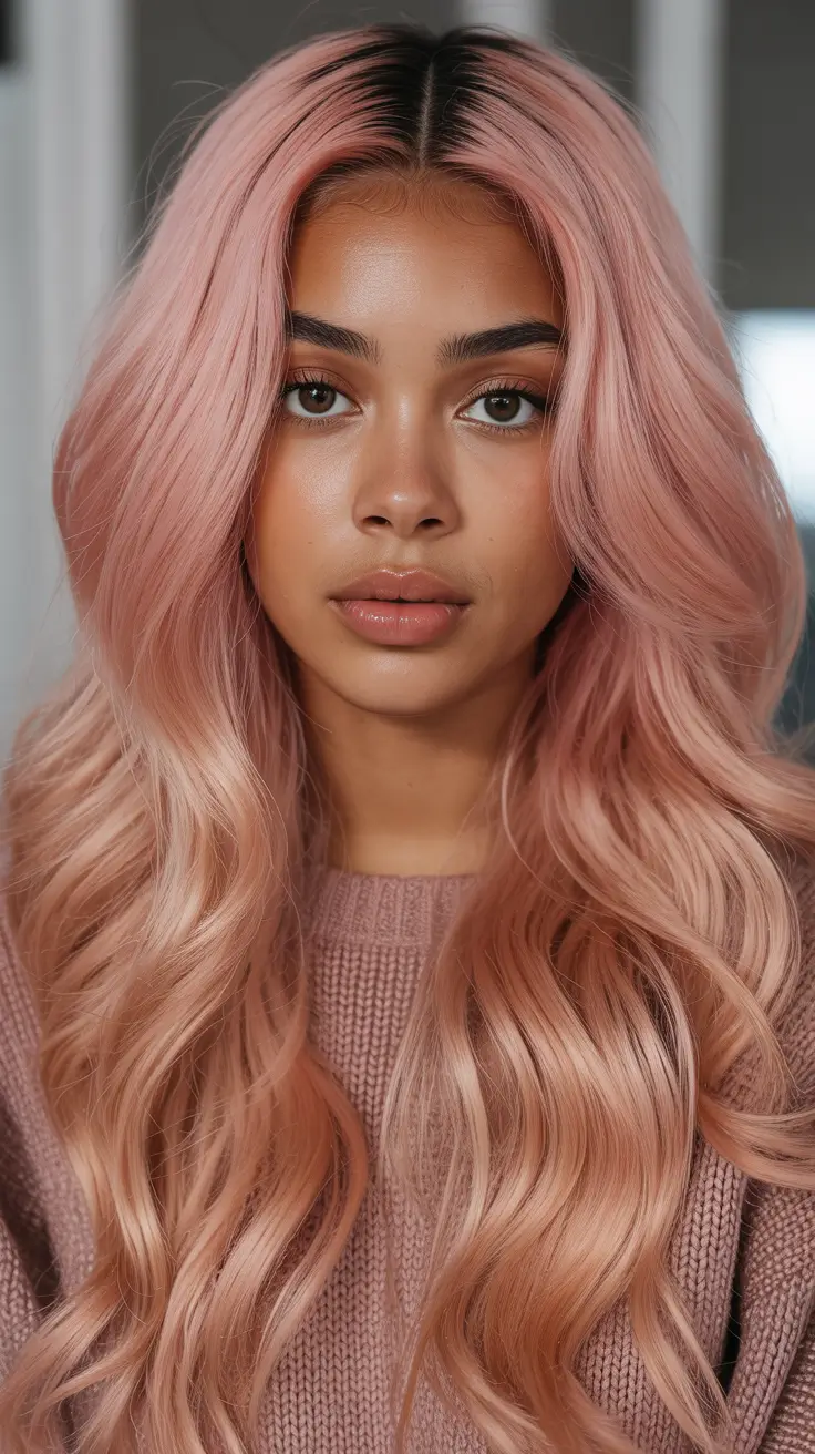 cool spring hair color for dark skin 2026 Soft Rose Blush Lengths with Modern Middle Part