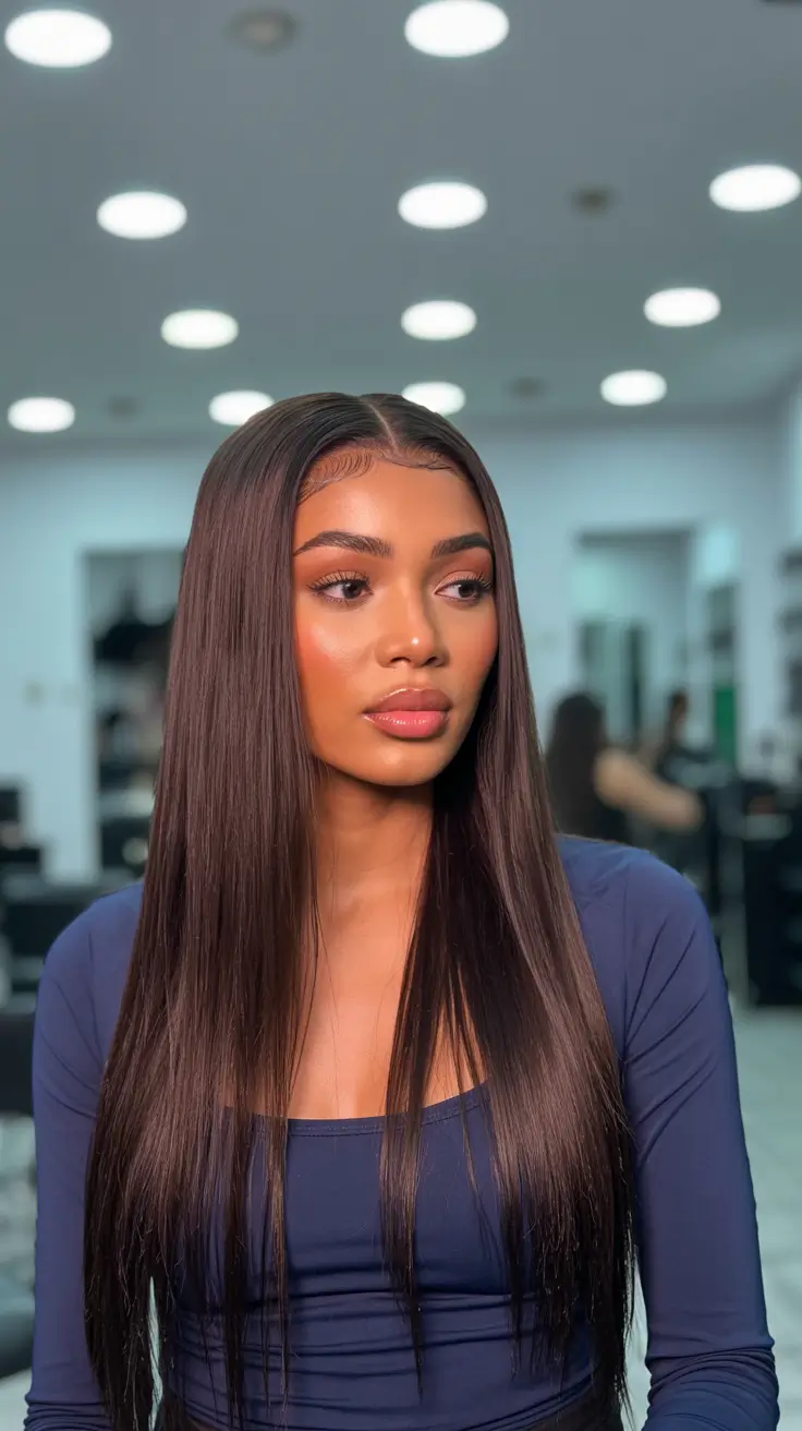 cool spring hair color for dark skin 2026 Glass Straight Espresso with Subtle Cool Undertone