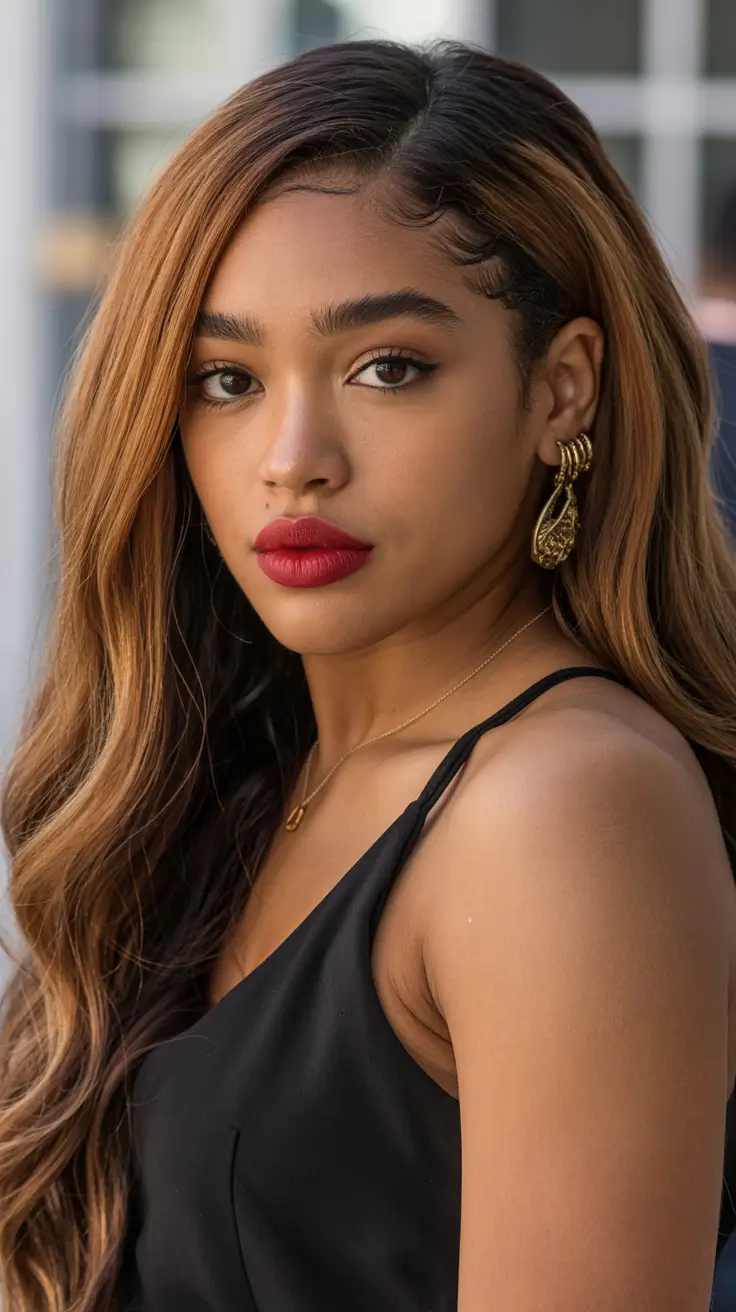 cool spring hair color for dark skin 2026 Honey Bronde Melt with Soft Glam Finish