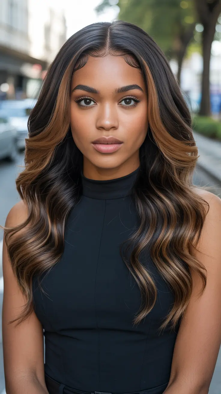 cool spring hair color for dark skin 2026 Mocha Balayage with Face-Framing Light Ribbons