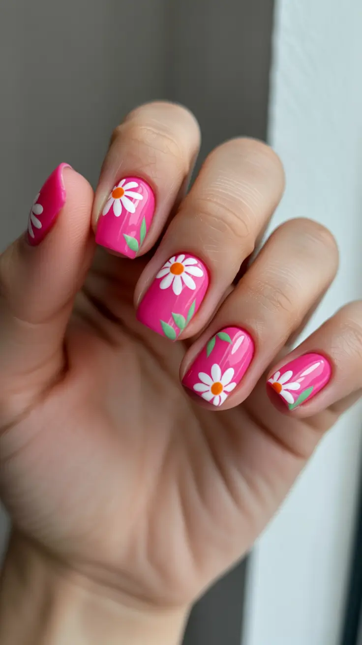 festive cool spring nails 2026 ideas + Hot Pink Daisies With A Pop Finish