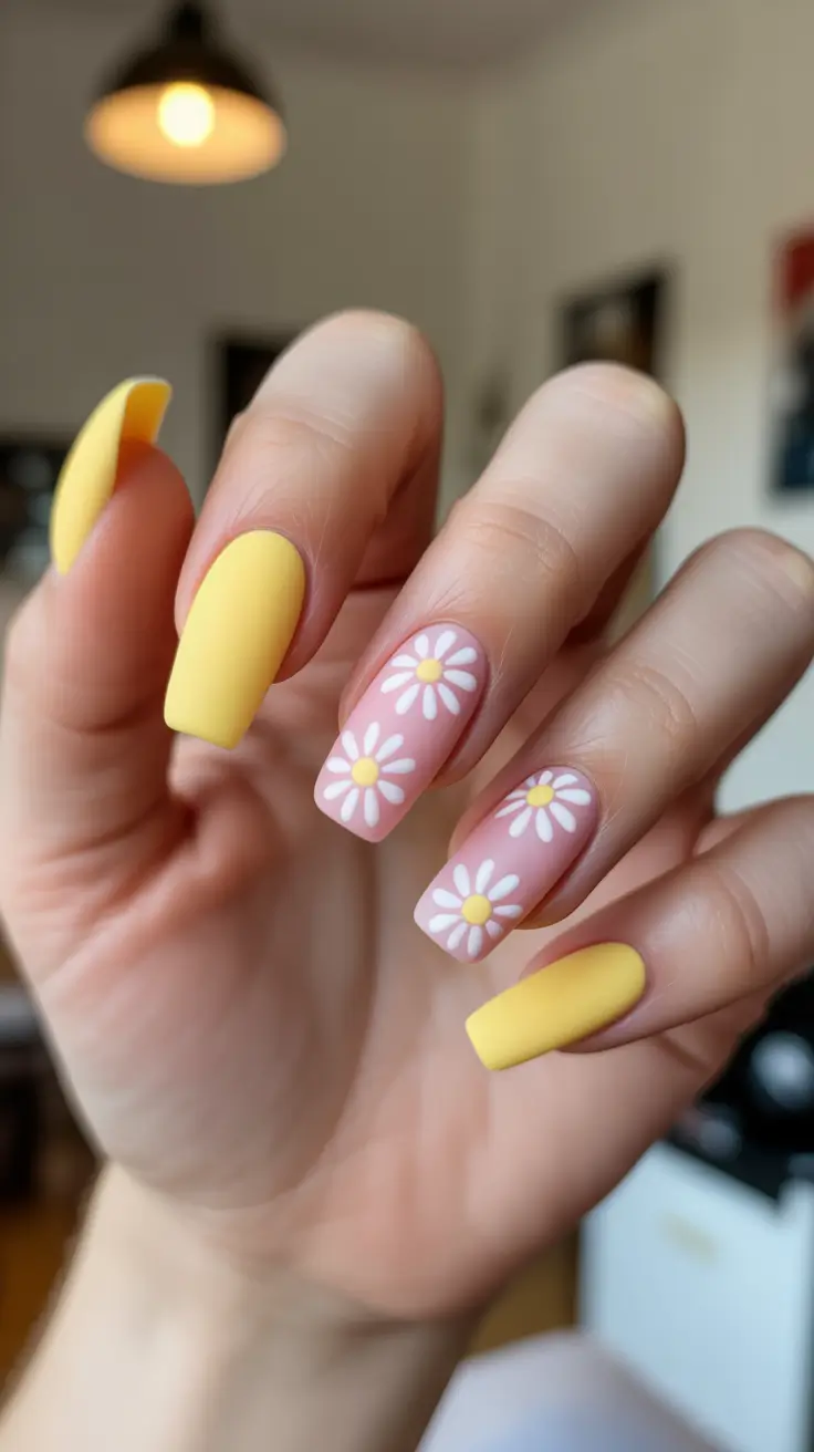 festive cool spring nails 2026 ideas + Sunny Matte Daisies With A Soft Pink Base