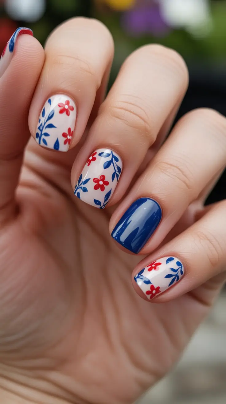 festive cool spring nails 2026 ideas + Navy And Folk Florals On Cream