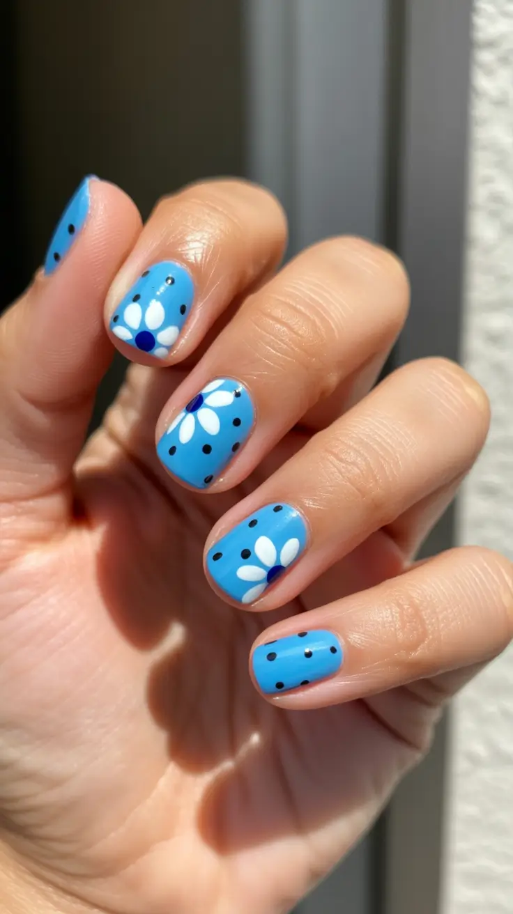 festive cool spring nails 2026 ideas + Sky Blue Daisies With Playful Dots