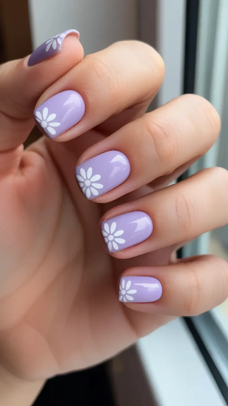 festive cool spring nails 2026 ideas + Lavender Minimal Daisies For Soft Cool Spring