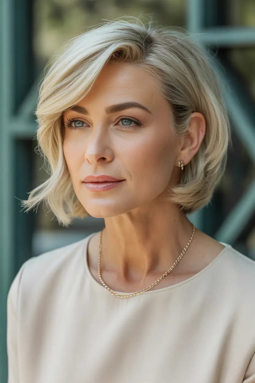 cute spring haircuts for women over 40 2026 Light breezy blonde bob with graceful side sweep