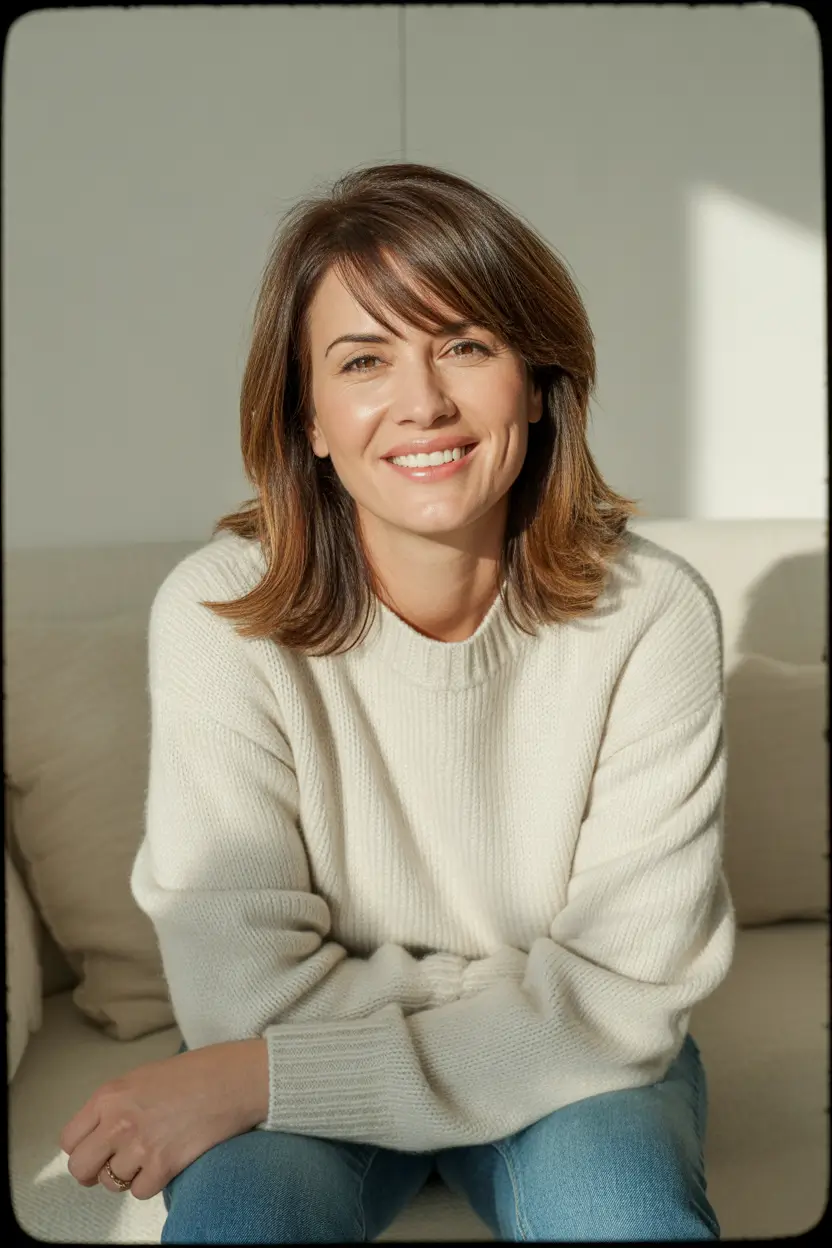 cute spring haircuts for women over 40 2026 Soft shoulder grazing cut with blended bangs