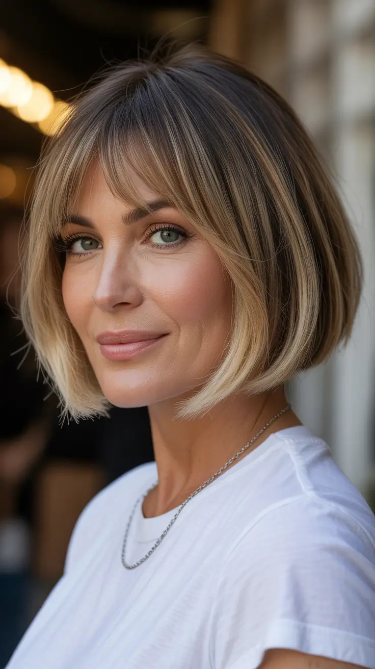 cute spring haircuts for women over 40 2026 Chin length bob with sweeping soft bangs