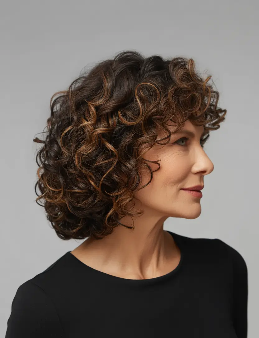 cute spring haircuts for women over 50 2026 Curly Spring Volume with Warm Highlights