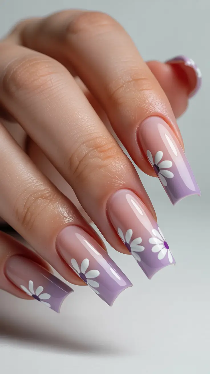 cute spring nails acrylic 2026 Soft Lavender Ombre with Daisy Details