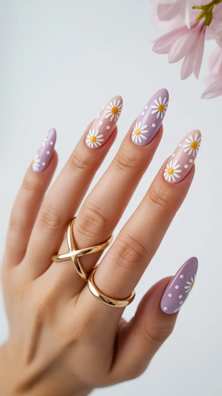 cute spring nails acrylic 2026 Matte Lilac Almond with Daisy Charm