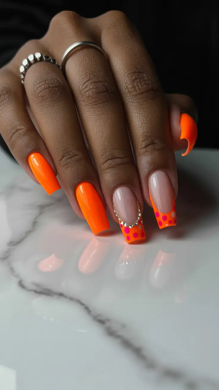 cute spring nails acrylic 2026 Neon Orange French with Pink Dots