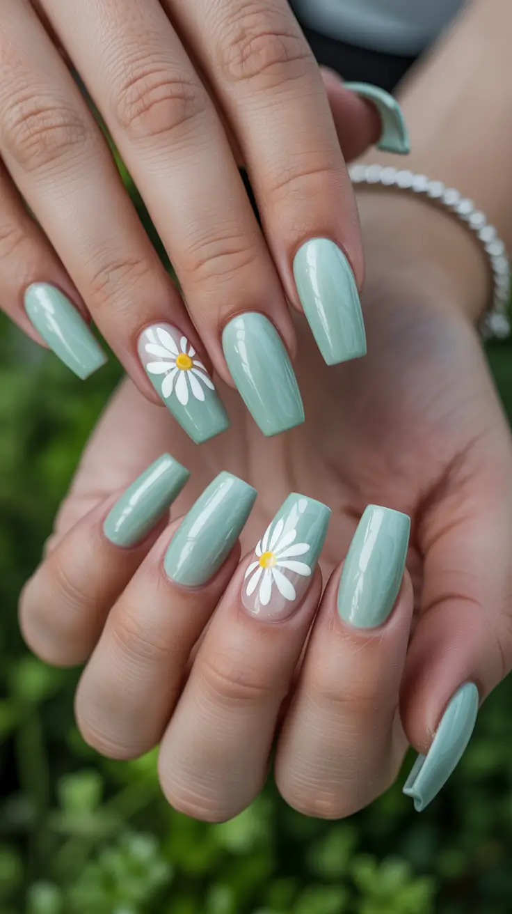 cute spring nails acrylic 2026 Sage Green Minimal with Daisy Detail