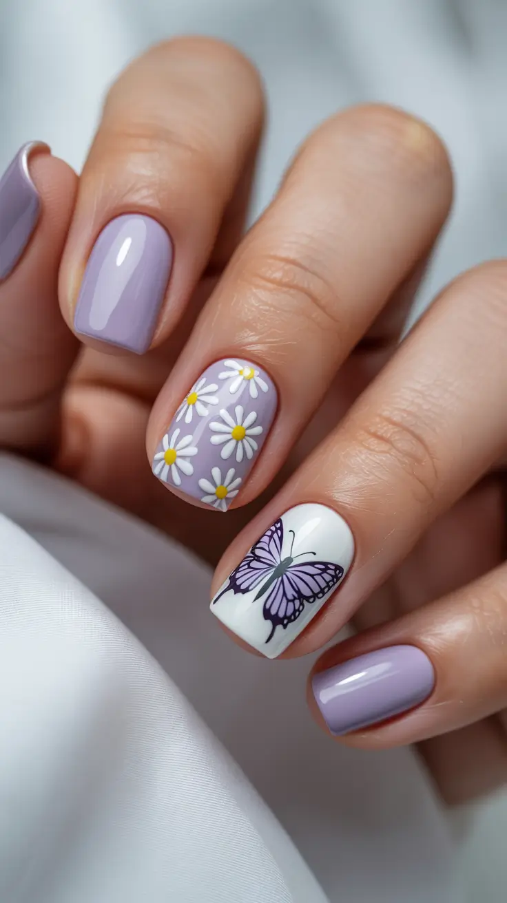 cute spring nails acrylic 2026 Lavender Daisies with Butterfly Accent