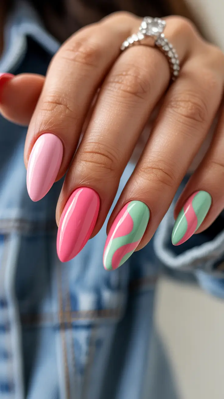 cute spring nails acrylic 2026 Pink and Mint Swirl Almond Elegance