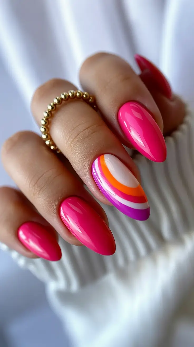 cute spring nails acrylic 2026 Neon Pink with Retro Sunset Waves