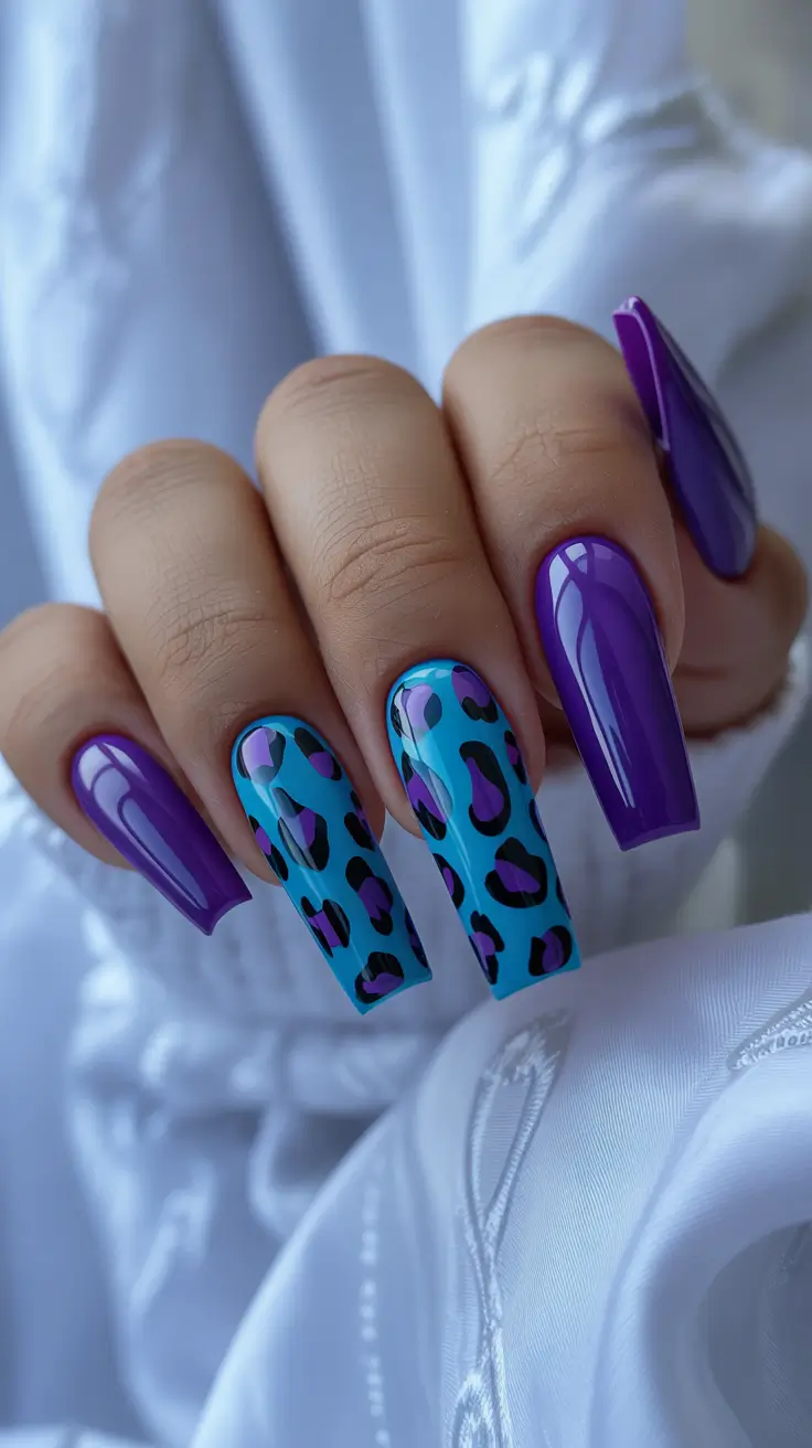 cute spring nails acrylic 2026 Bold Purple with Turquoise Leopard Accent